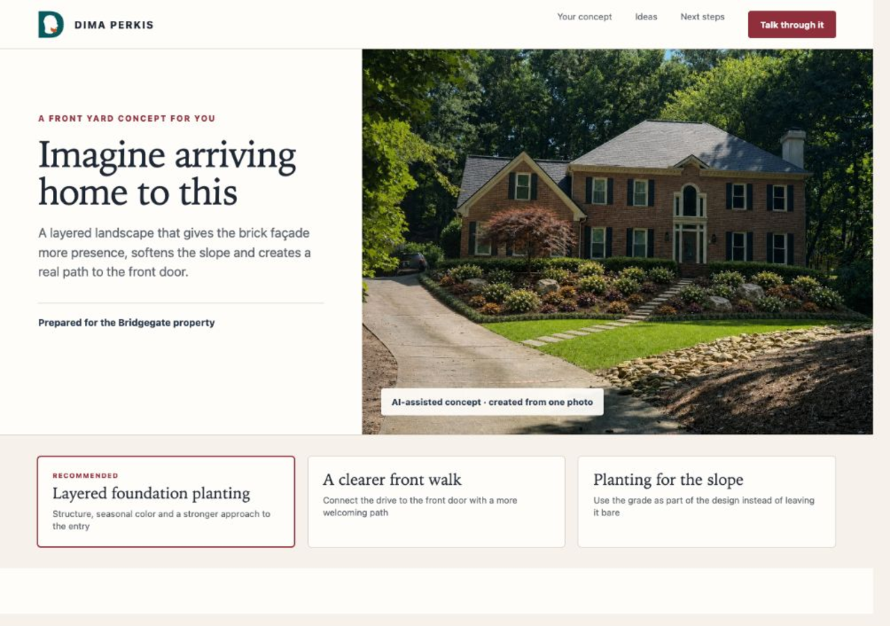 Personalized landscape proposal page built around the brick home's front yard