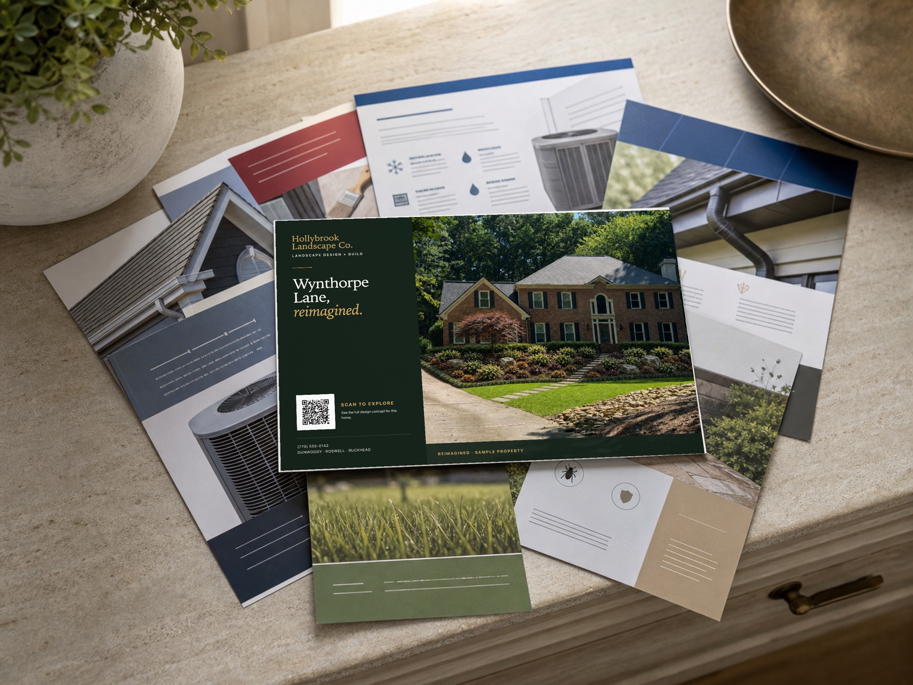 A personalized proposal postcard for a homeowner's own property, sitting above a stack of generic home-service mail
